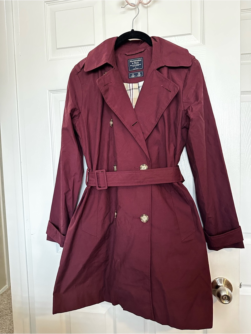 Abercrombie & Fitch Burgundy Double-Breasted Trench Coat Size Small - Picture 2 of 12